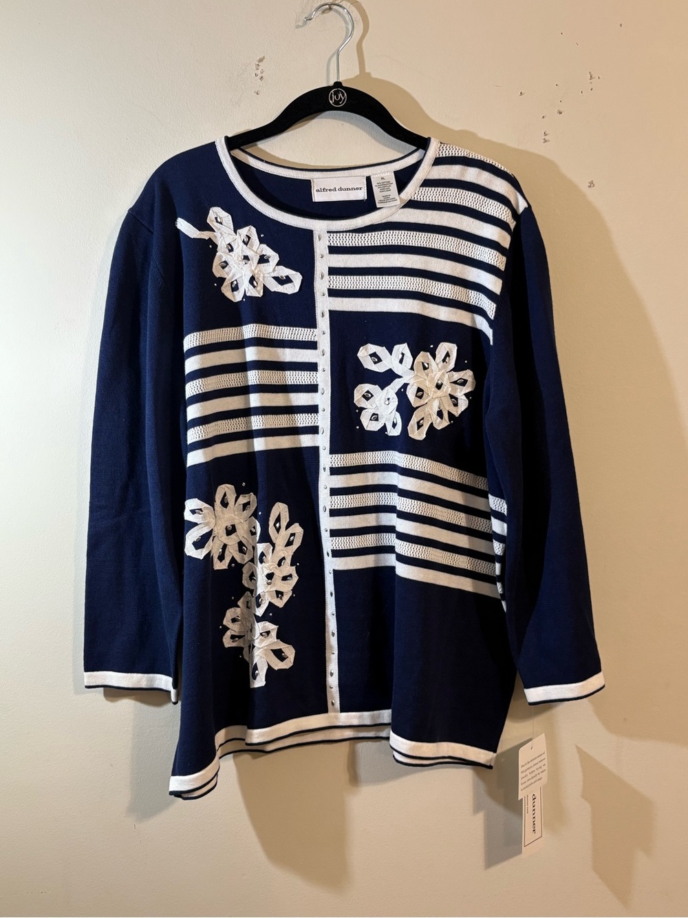 Alfred Dunner sweater Navy White Floral Appliqué Striped Cardigan women XL NWT